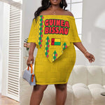 Guinea Bissau Off Shoulder Short Dress Yellow Tribal Geometric Design and National Flag - African Pride