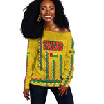 Guinea Bissau Off Shoulder Sweater Yellow Tribal Geometric Design and National Flag - African Pride