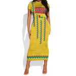Guinea Bissau Short Sleeve Bodycon Dress Yellow Tribal Geometric Design and National Flag - African Pride