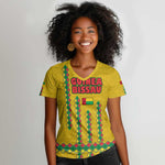 Guinea Bissau Women V-Neck T-Shirt Yellow Tribal Geometric Design and National Flag - African Pride