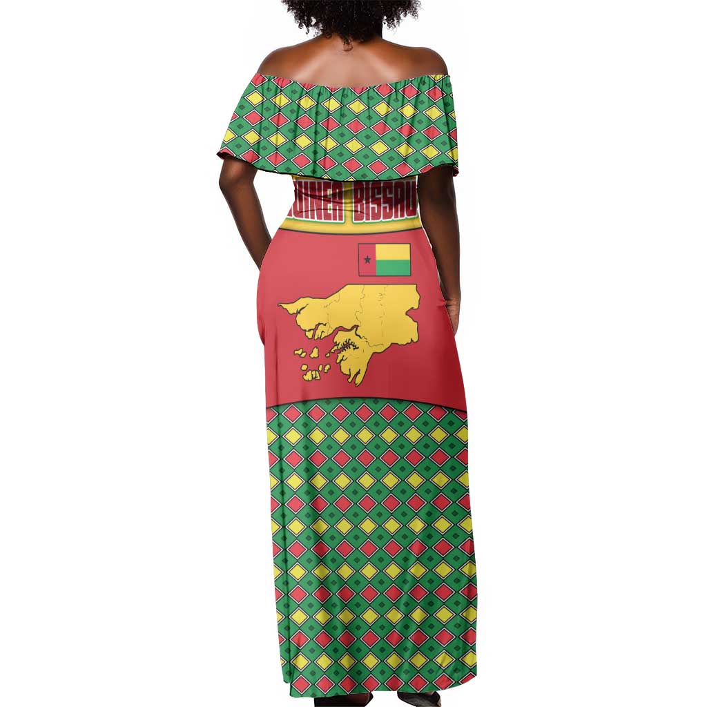 Guinea Bissau Off Shoulder Maxi Dress Red Yellow Green Geometric - African Pride