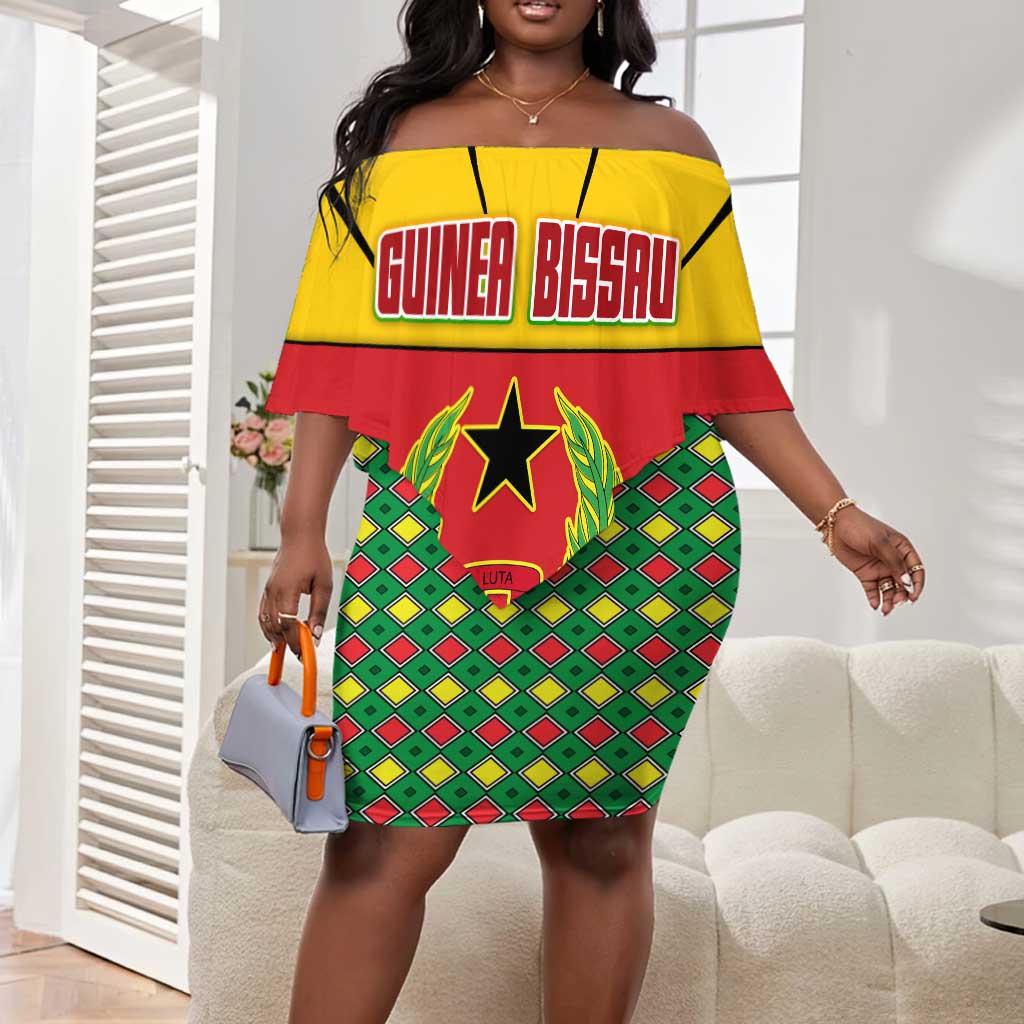 Guinea Bissau Off Shoulder Short Dress Red Yellow Green Geometric by African Pride Guinea Bissau Off Shoulder Short Dress Red Yellow Green Geometric by African Pride