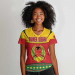 Guinea Bissau Women V-Neck T-Shirt Red Yellow Green Geometric - African Pride