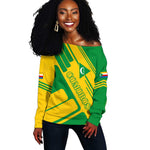 Comoros Flag Off Shoulder Sweater - Green and Yellow Design and National Emblem