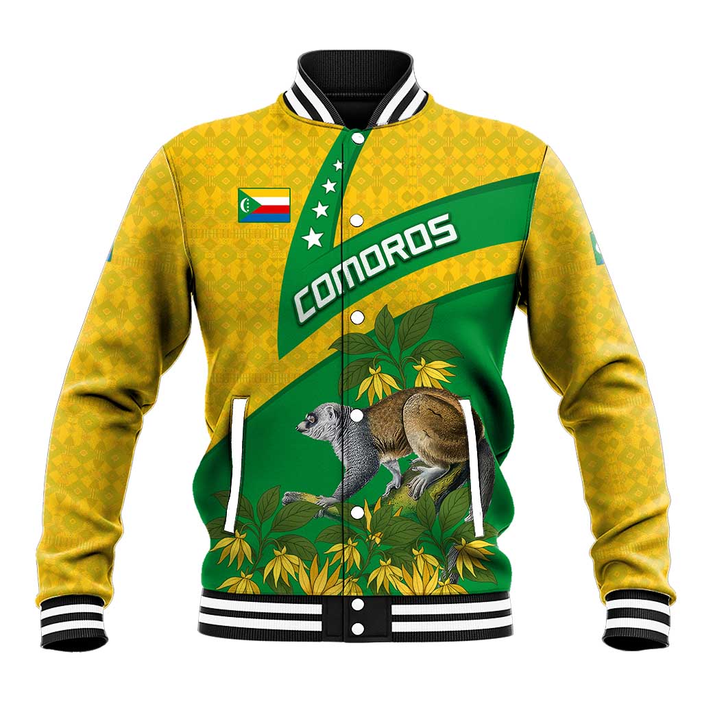 Comoros Baseball Jacket - National Flag Lemur Design and Ylang Ylang Flower Pattern