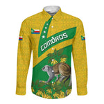 Comoros Long Sleeve Button Shirt - National Flag Lemur Design and Ylang Ylang Flower Pattern