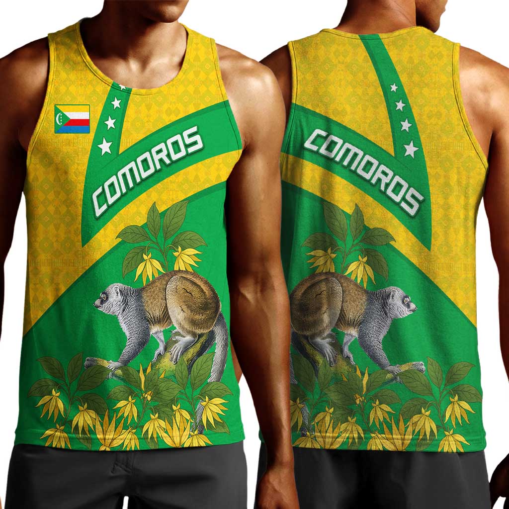 Comoros Men Tank Top - National Flag Lemur Design and Ylang Ylang Flower Pattern