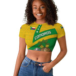 Comoros Raglan Cropped T shirt - National Flag Lemur Design and Ylang Ylang Flower Pattern