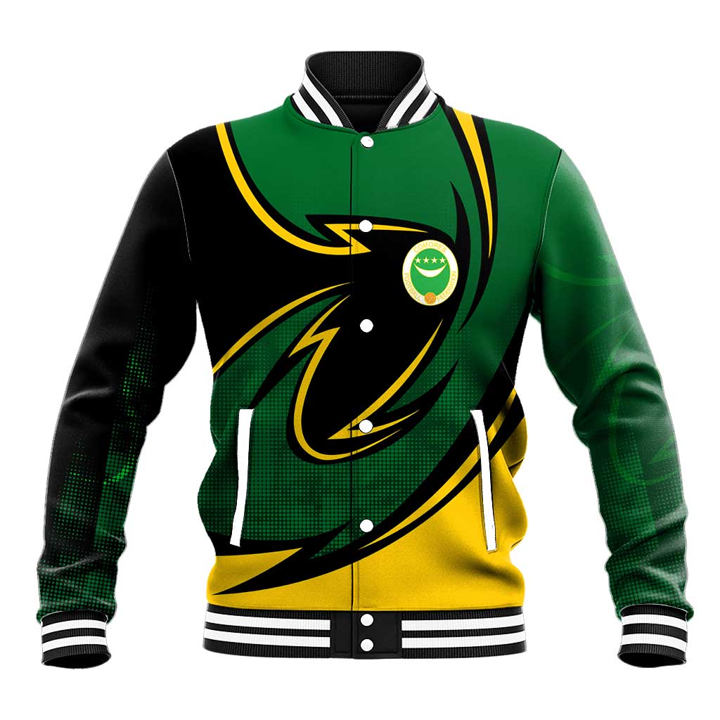 Comoros Baseball Jacket - Green Black Yellow Swirl Design and National Emblem Pattern