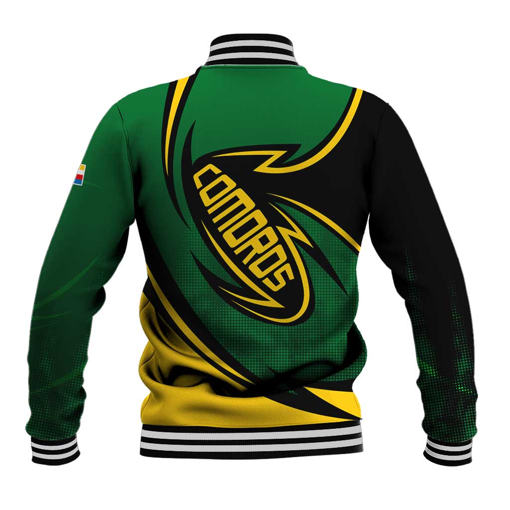 Comoros Baseball Jacket - Green Black Yellow Swirl Design and National Emblem Pattern
