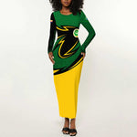 Comoros Long Sleeve Bodycon Dress - Green Black Yellow Swirl Design and National Emblem Pattern TS04