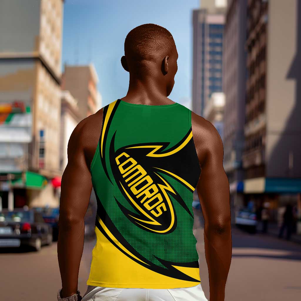 Comoros Men Tank Top - Green Black Yellow Swirl Design and National Emblem Pattern