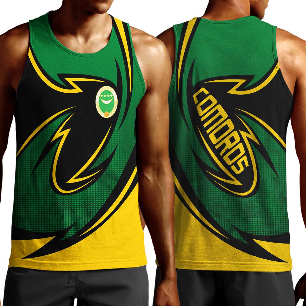 Comoros Men Tank Top - Green Black Yellow Swirl Design and National Emblem Pattern
