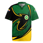 Comoros Rugby Jersey - Green Black Yellow Swirl Design and National Emblem Pattern