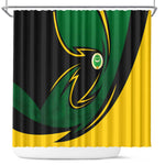 Comoros Shower Curtain - Green Black Yellow Swirl Design and National Emblem Pattern