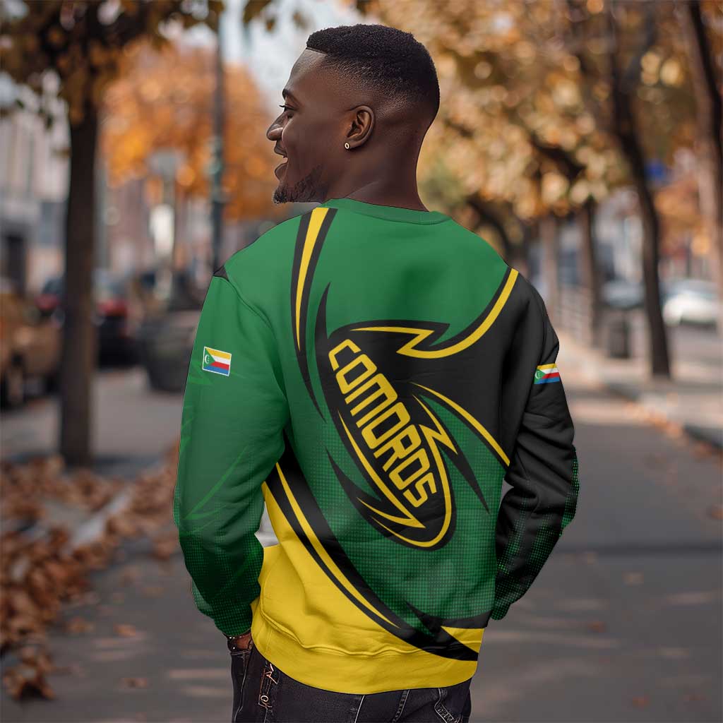 Comoros Sweatshirt - Green Black Yellow Swirl Design and National Emblem Pattern