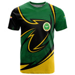 Comoros T shirt - Green Black Yellow Swirl Design and National Emblem Pattern