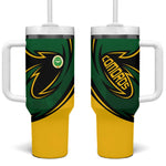 Comoros Tumbler With Handle - Green Black Yellow Swirl Design and National Emblem Pattern