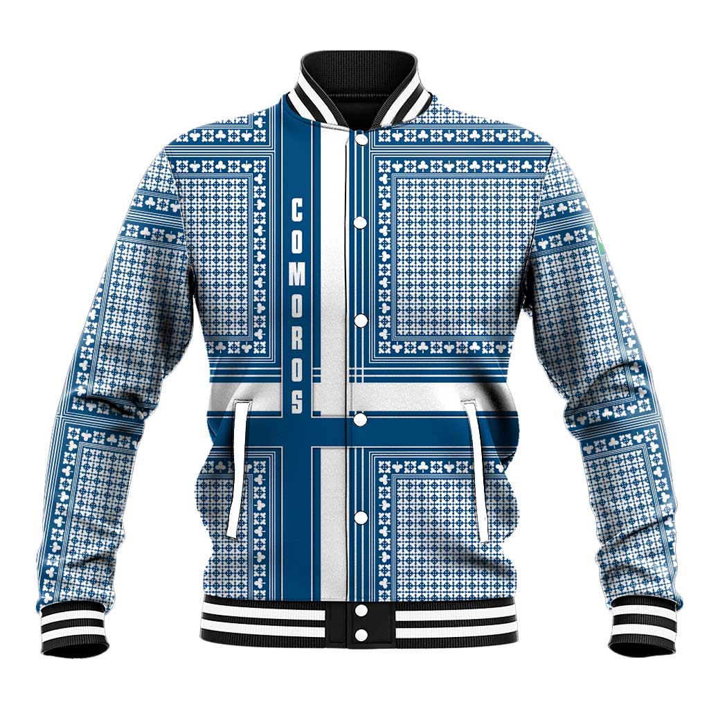 Comoros Baseball Jacket - Blue and White Traditional Geometric Pattern and National Flag Detail