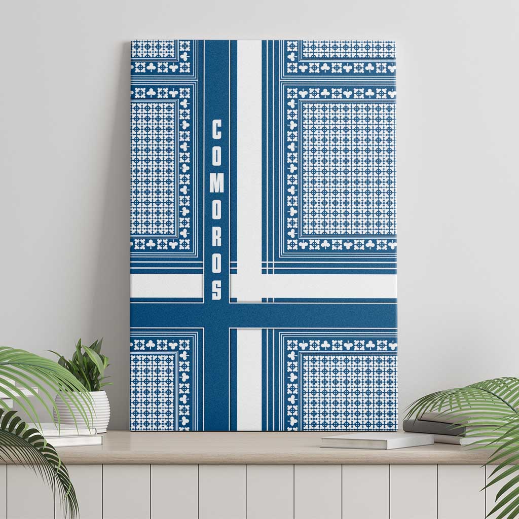 Comoros Canvas Wall Art - Blue and White Traditional Geometric Pattern and National Flag Detail