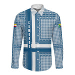 Comoros Long Sleeve Button Shirt - Blue and White Traditional Geometric Pattern and National Flag Detail