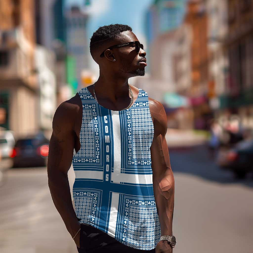 Comoros Men Tank Top - Blue and White Traditional Geometric Pattern and National Flag Detail