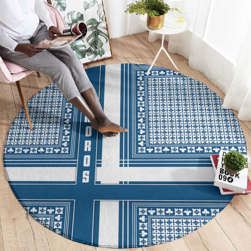 Comoros Round Carpet - Blue and White Traditional Geometric Pattern and National Flag Detail