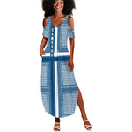 Comoros Summer Maxi Dress - Blue and White Traditional Geometric Pattern and National Flag Detail