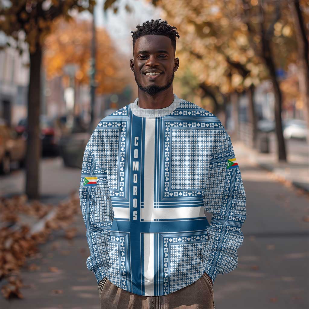Comoros Sweatshirt - Blue and White Traditional Geometric Pattern and National Flag Detail