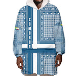 Comoros Wearable Blanket Hoodie - Blue and White Traditional Geometric Pattern and National Flag Detail