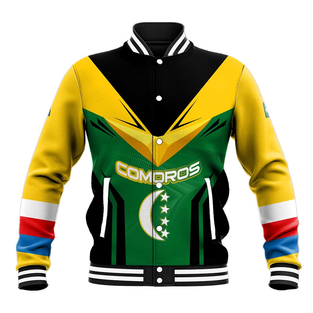 Comoros Baseball Jacket - National Colors Green Yellow Black Crescent Moon and Stars Emblem