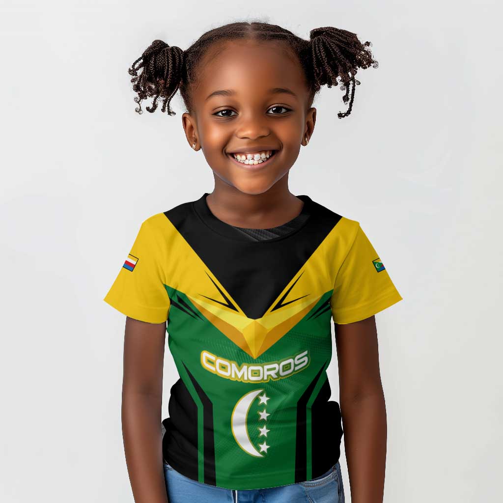 Comoros Kid T shirt - National Colors Green Yellow Black Crescent Moon and Stars Emblem