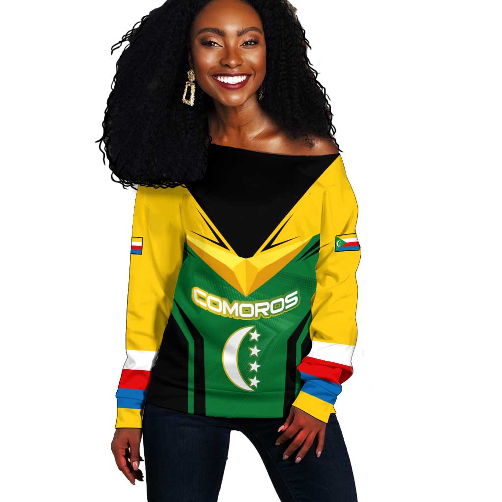 Comoros Off Shoulder Sweater - National Colors Green Yellow Black Crescent Moon and Stars Emblem