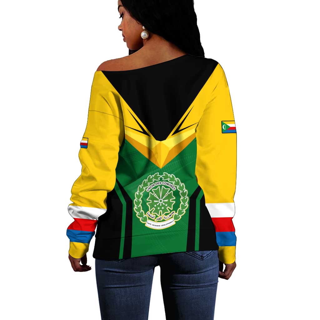 Comoros Off Shoulder Sweater - National Colors Green Yellow Black Crescent Moon and Stars Emblem