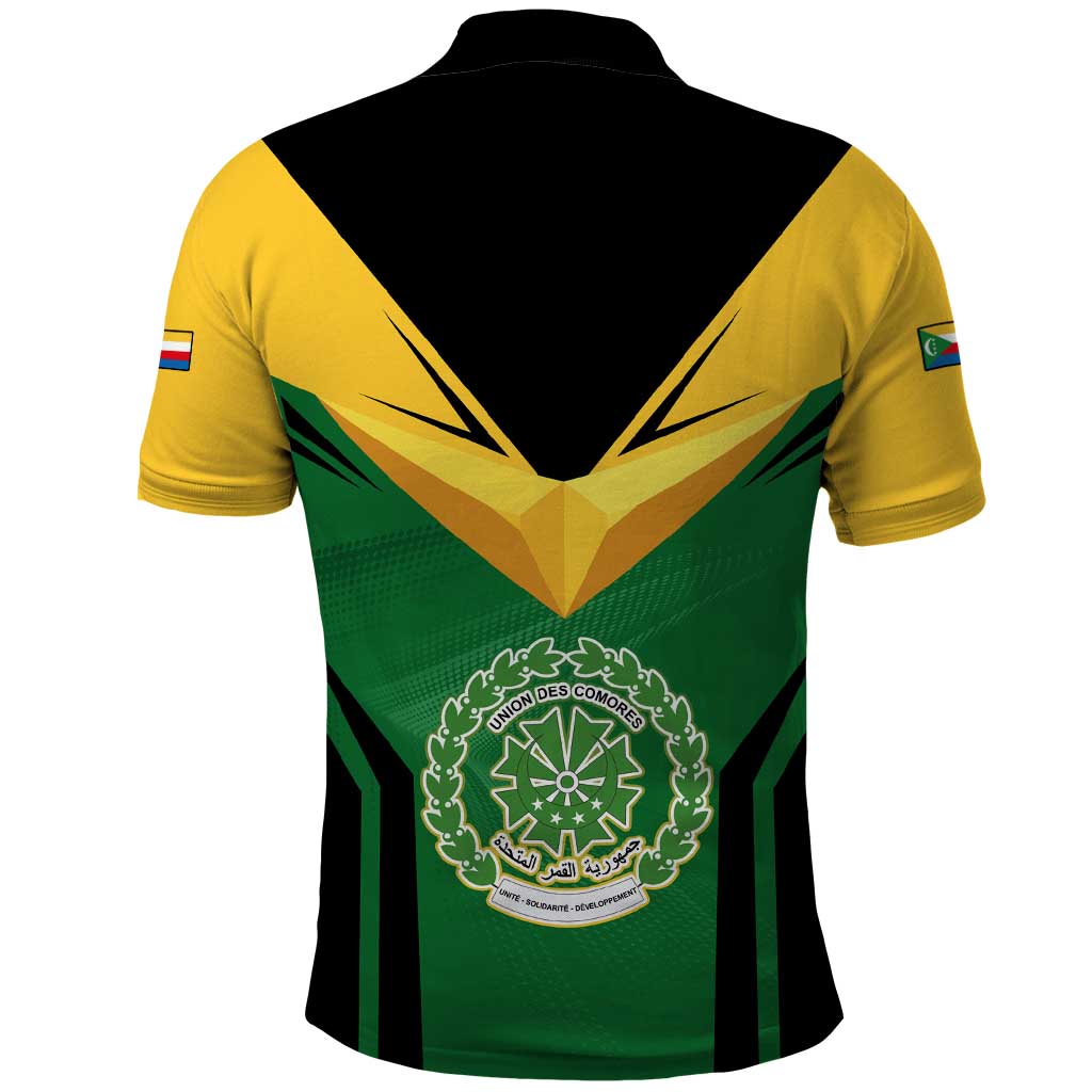 Comoros Polo Shirt - National Colors Green Yellow Black Crescent Moon and Stars Emblem