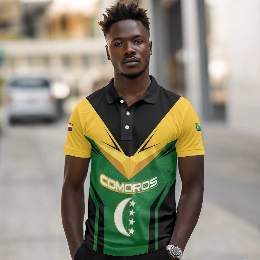 Comoros Polo Shirt - National Colors Green Yellow Black Crescent Moon and Stars Emblem