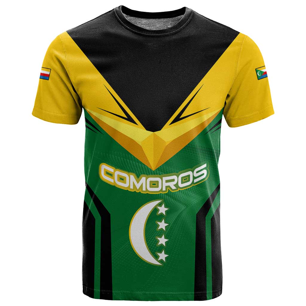 Comoros T shirt - National Colors Green Yellow Black Crescent Moon and Stars Emblem