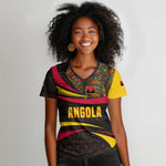 Angola Women V-Neck T-Shirt Red Black Yellow Tribal and Elephant - African Pride