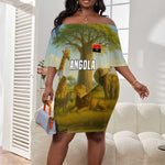 Angola Off Shoulder Short Dress Savannah Wildlife and African Animal - African Pride