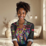 Angola Women Casual Shirt Multicolor Tribal Design and Vibrant Lion - African Pride