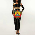 Mozambique Long Sleeve Bodycon Dress Black Brown Tribal Design - African Pride