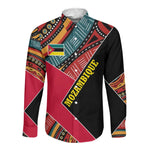 Mozambique Long Sleeve Button Shirt Red Black Geometric Design and Tribal Pattern - African Pride