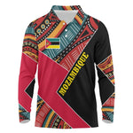 Mozambique Long Sleeve Polo Shirt Red Black Geometric Design and Tribal Pattern - African Pride