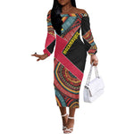 Mozambique Off The Shoulder Long Sleeve Dress Red Black Geometric Design and Tribal Pattern - African Pride