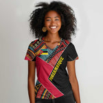 Mozambique Women V-Neck T-Shirt Red Black Geometric Design and Tribal Pattern - African Pride