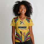 Mozambique Women V-Neck T-Shirt Yellow Red Green Swirl Independence Day - African Pride