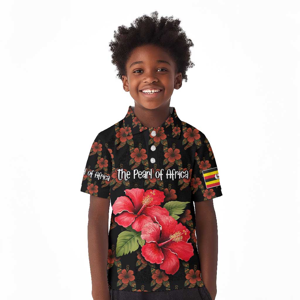 Uganda Kid Polo Shirt - Hibiscus Flower Pattern and The Pearl of Africa Text