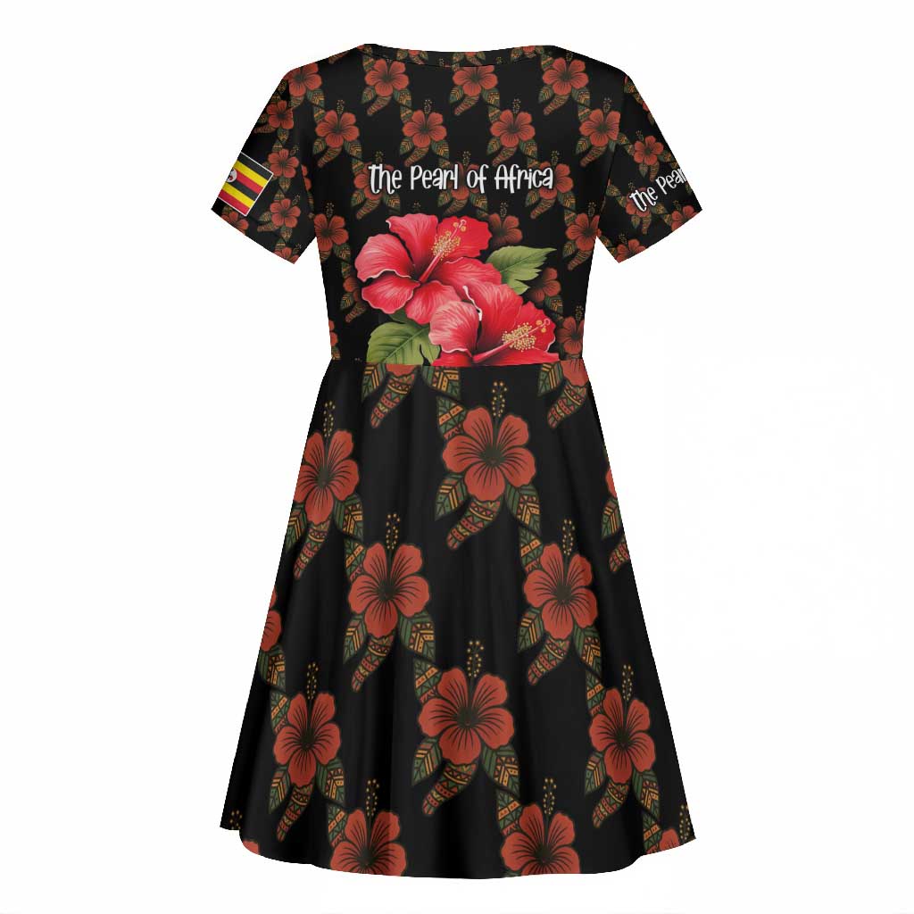 Uganda Kid Short Sleeve Dress - Hibiscus Flower Pattern and The Pearl of Africa Text