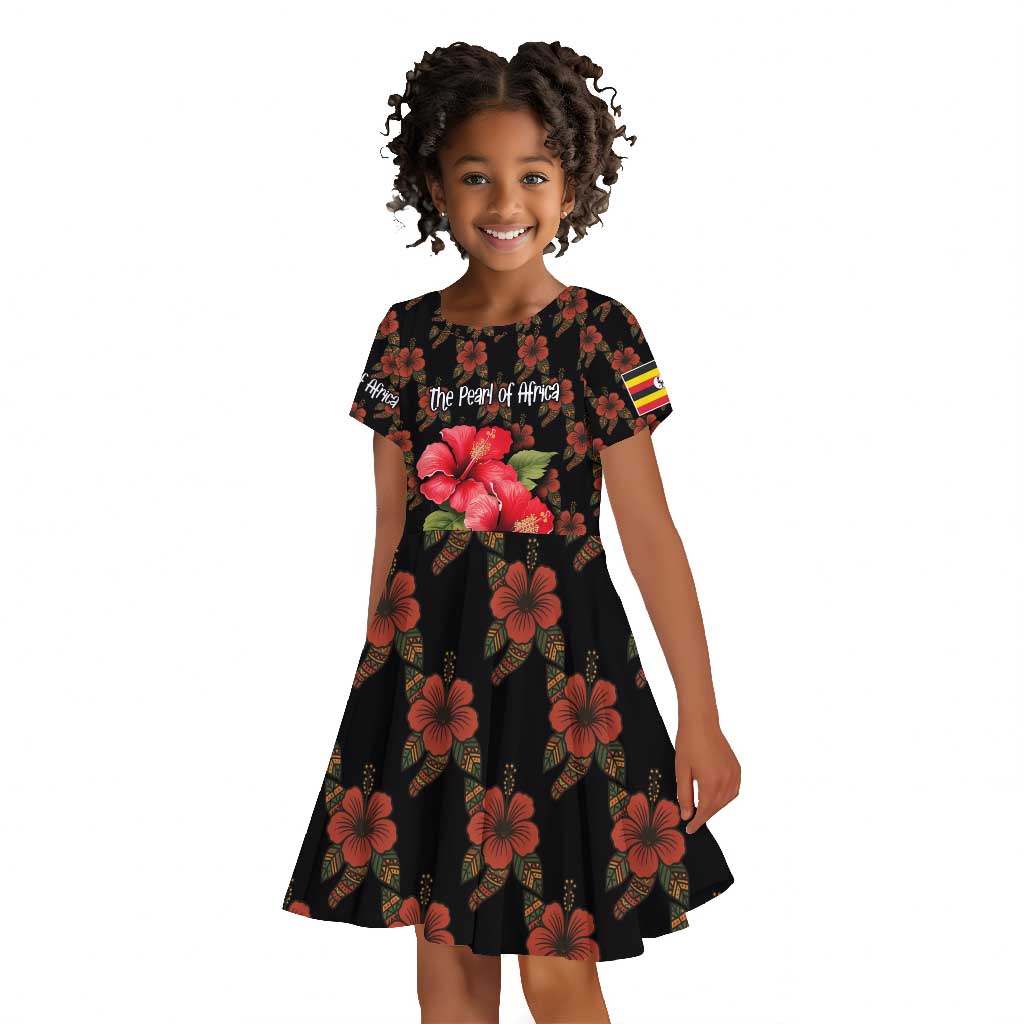 Uganda Kid Short Sleeve Dress - Hibiscus Flower Pattern and The Pearl of Africa Text