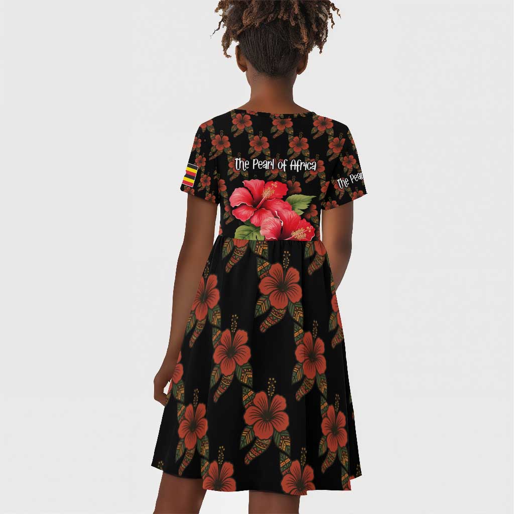Uganda Kid Short Sleeve Dress - Hibiscus Flower Pattern and The Pearl of Africa Text